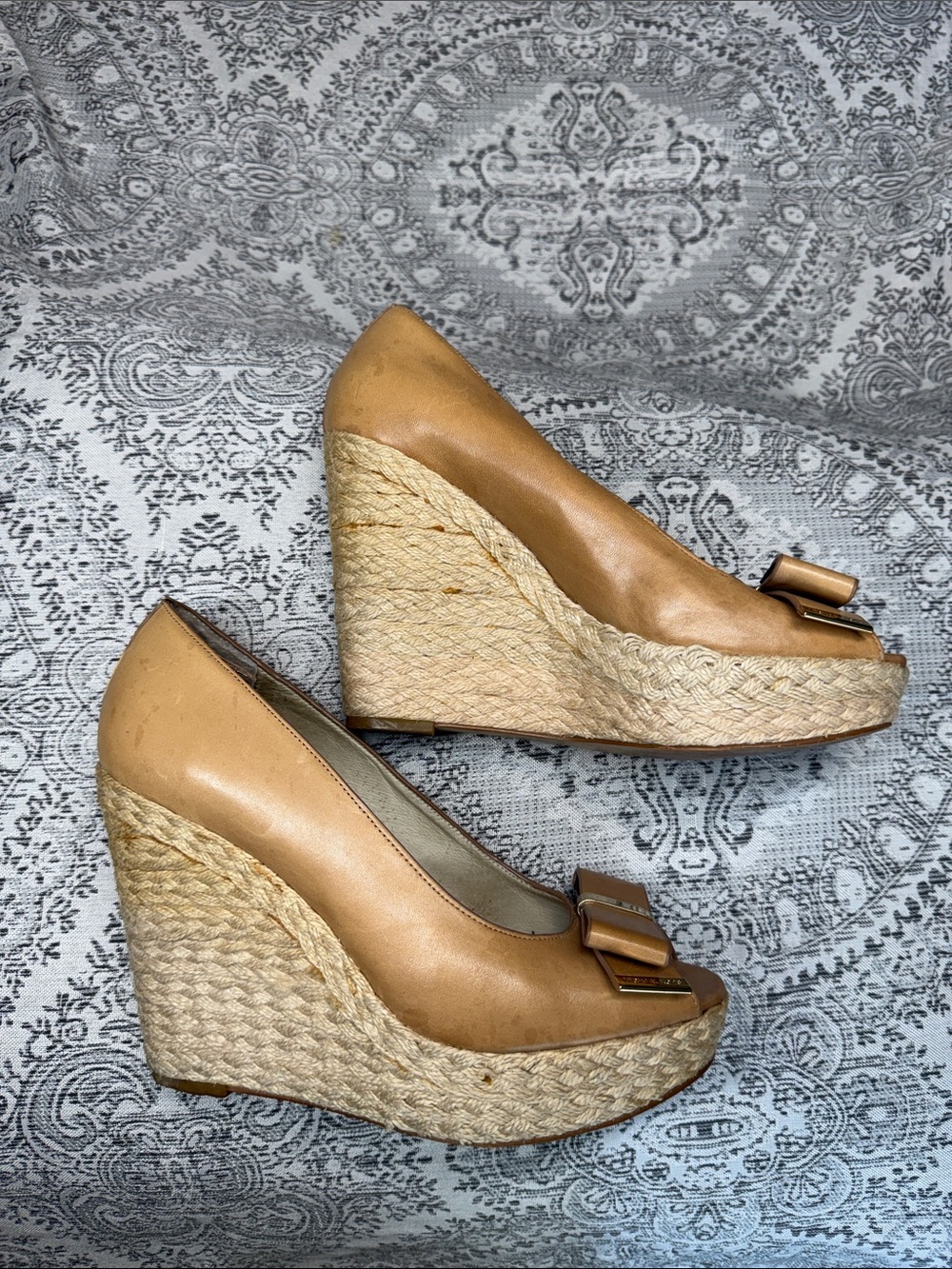 Tan Leather Michael Kors Espadrille Wedge Pumps with Bow - Size 8.5